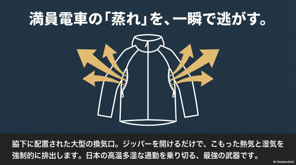 満員電車の蒸れを一瞬で逃がす、脇下に配置された大型の換気口