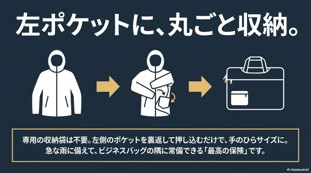 専用の収納袋は不要。左ポケットに丸ごと収納して手のひらサイズに