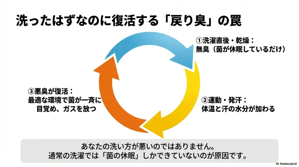 洗濯直後は無臭でも、運動や発汗によって休眠していた菌が目覚めて悪臭が復活する戻り臭の罠