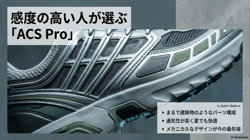 建築物のようなパーツ構成と高い通気性を備えた、最先端デザインのACS Proの紹介。