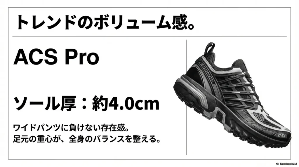 ACS Proのサイドビュー画像。テキスト「トレンドのボリューム感。ソール厚 約4.0cm。ワイドパンツに負けない存在感。足元の重心が全身のバランスを整える。」