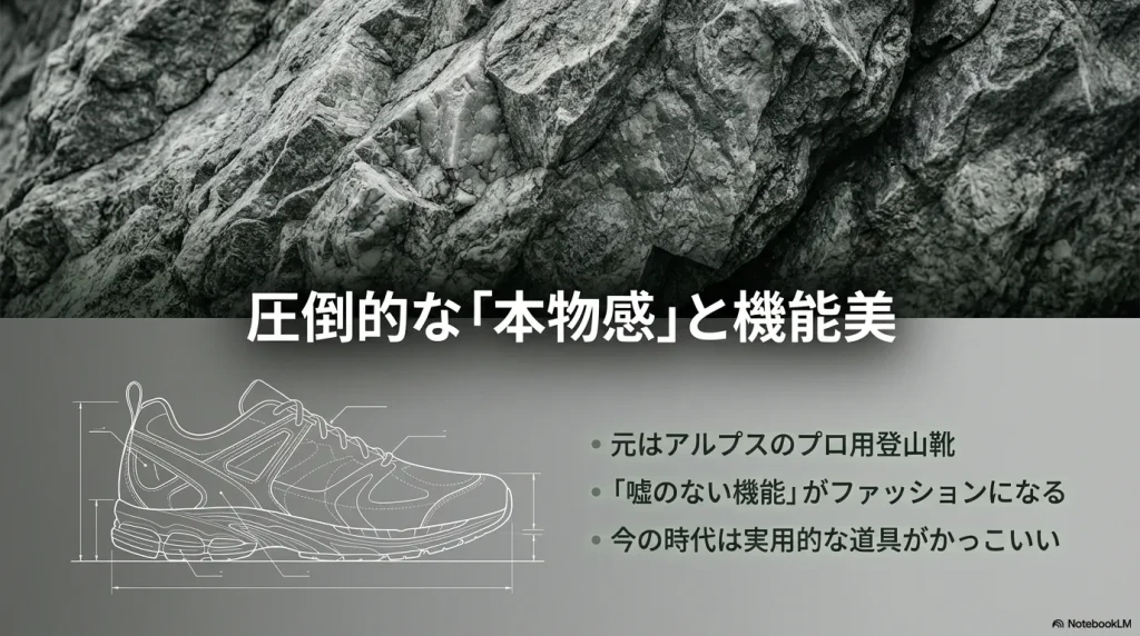 アルプスのプロ用登山靴をルーツに持つサロモンの圧倒的な本物感と機能美についての解説図解。