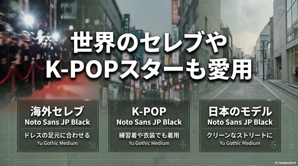 海外セレブやK-POPスター、日本のモデルによるサロモンの着用シーンとスタイルの特徴。