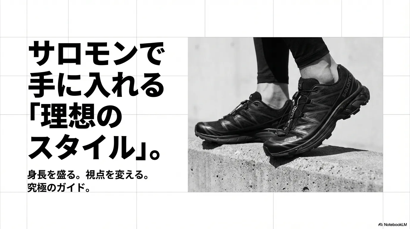 サロモンの黒いスニーカーを履いてコンクリートの縁に立つ足元の写真。テキスト「サロモンで手に入れる『理想のスタイル』身長を盛る。視点を変える。究極のガイド。」