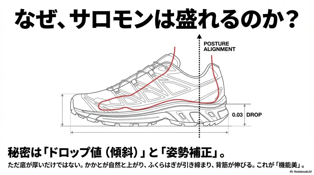 姿勢の整列とドロップ値の解説図。テキスト「秘密はドロップ値（傾斜）と姿勢補正。ただ底が厚いだけではない。かかとが自然と上がり、背筋が伸びる機能美。」