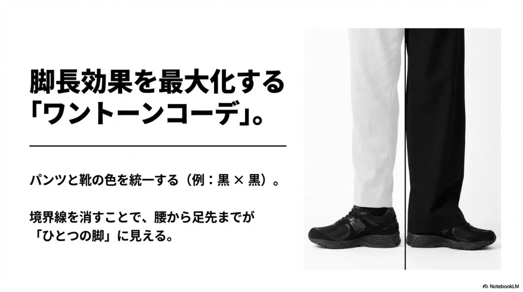 ワントーンコーデの解説。テキスト「脚長効果を最大化する『ワントーンコーデ』。パンツと靴の色を統一する。境界線を消すことで、腰から足先までがひとつの脚に見える。」