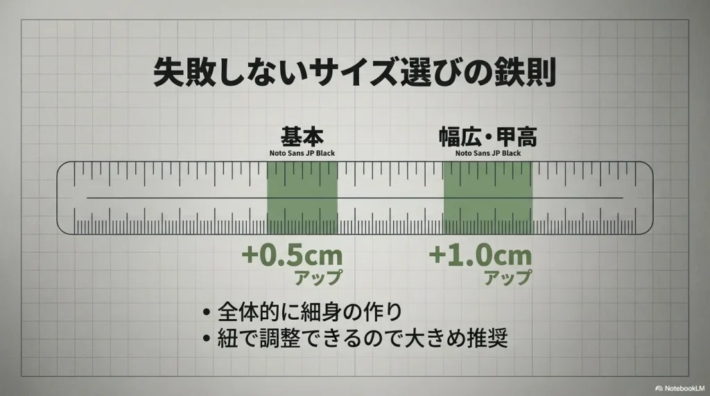 標準足は+0.5cm、幅広・甲高は+1.0cmアップを推奨する、サロモンのサイズ選びの鉄則。