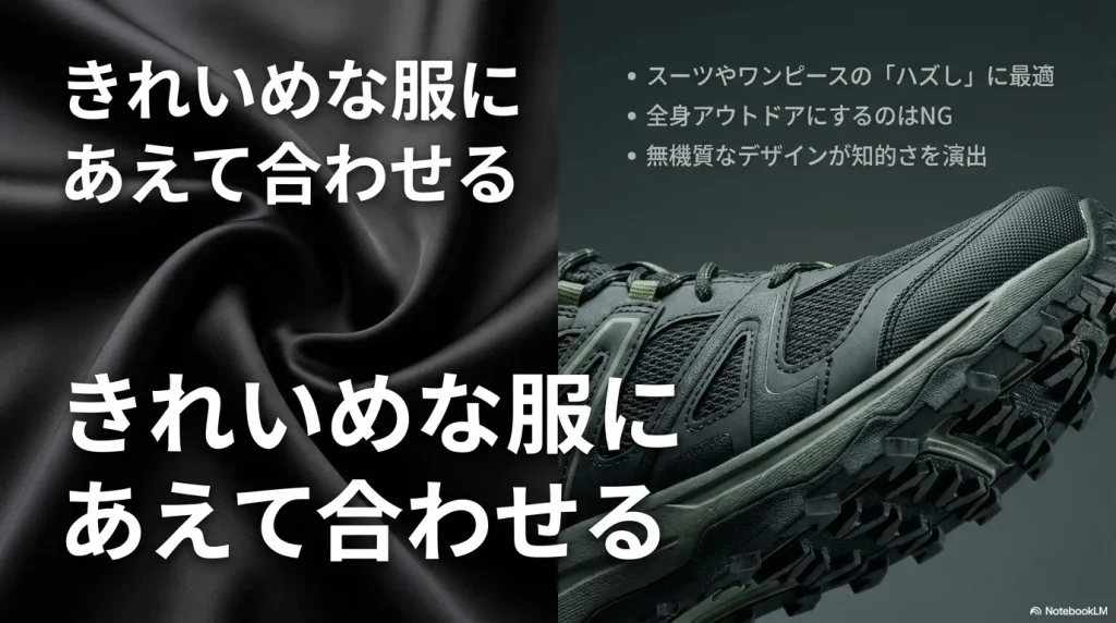 スーツやワンピースにサロモンを合わせる「ハズし」のテクニック。全身アウトドアにしないのがポイント。