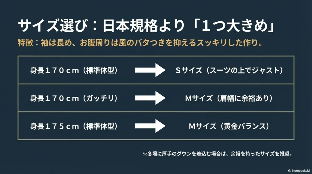日本規格より1つ大きめ。身長170cmや175cmなどの体型に合わせたサイズ選びの目安表
