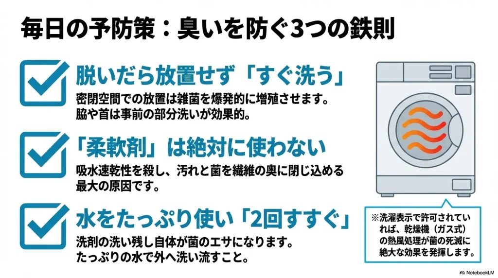 毎日の予防策として守るべき3つの鉄則。脱いですぐ洗う、柔軟剤は使わない、たっぷりの水で2回すすぐ