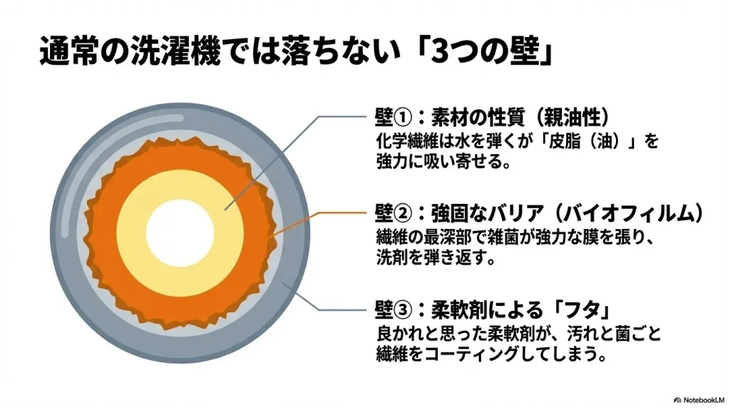 通常の洗濯機では落ちない3つの壁。素材の親油性、バイオフィルム、柔軟剤によるコーティング