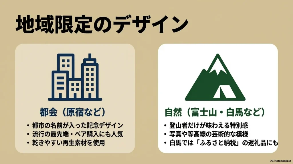 都会（原宿など）の名前入りデザインと、自然（富士山・白馬など）の登山記念デザインの特徴を比較した図解。