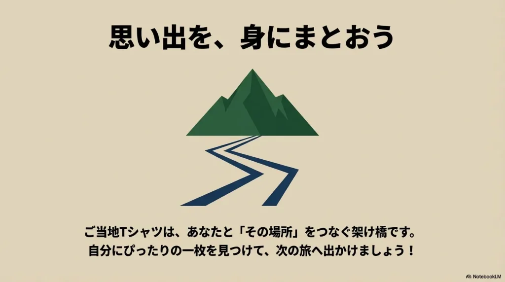 「思い出を、身にまとおう」というメッセージと共に、山と道が描かれたノスタルジックな締めくくりの画像。
