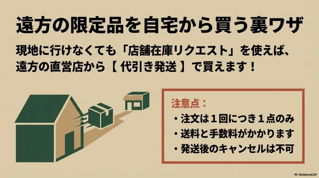 現地に行けなくても直営店から代引き発送で購入できる裏ワザと、注文の注意点をまとめた図解。