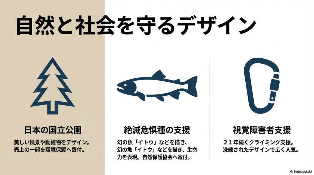 国立公園保全、絶滅危惧種イトウの支援、視覚障害者クライミング支援（モンキーマジック）の3つのプロジェクトを紹介する画像。