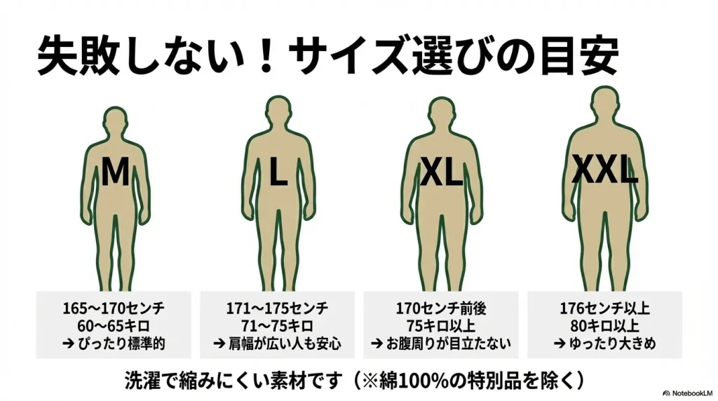 身長と体重に基づいたM、L、XL、XXLの推奨サイズ一覧表。洗濯で縮みにくい素材であることも記載されています。