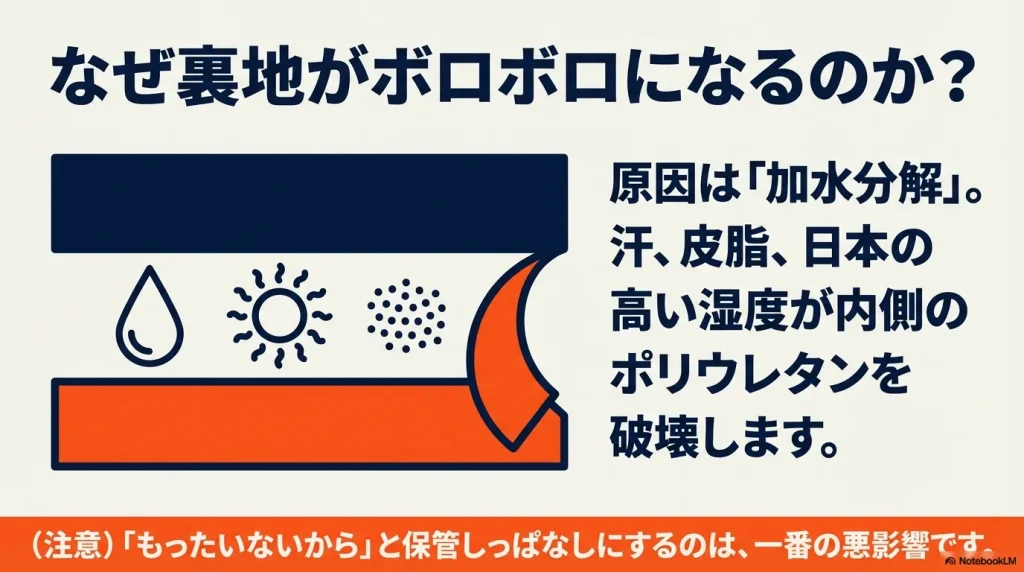 太陽と湿気のアイコン。汗や皮脂、日本の高い湿度がポリウレタン裏地を破壊するメカニズムの解説