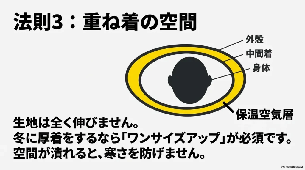 外殻と身体の間の中間着に、保温空気層を確保するための空間が必要であることを示す図