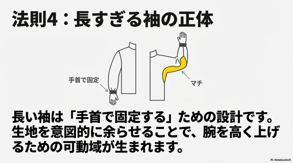 トレントシェルの長い袖は手首で固定し、腕を高く上げるための可動域（マチ）として機能することを示す図