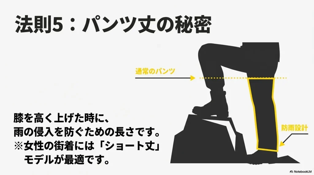 : 膝を高く上げた際に雨の侵入を防ぐため、通常のパンツよりも意図的に裾が長く設計されていることを示す図