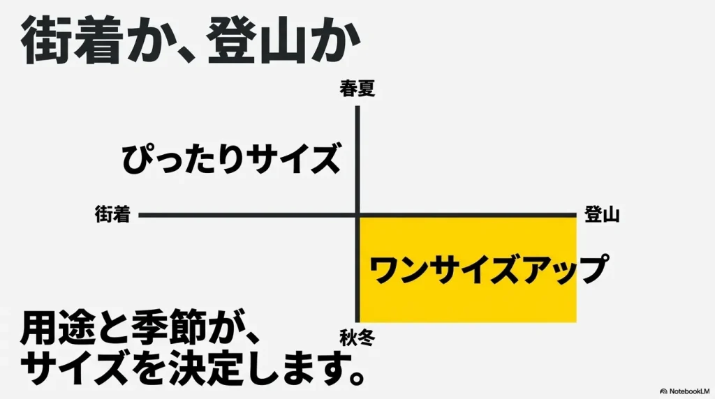 街着か登山か、春夏か秋冬かによって、ぴったりサイズかワンサイズアップを選ぶべきかを示すマトリクス図