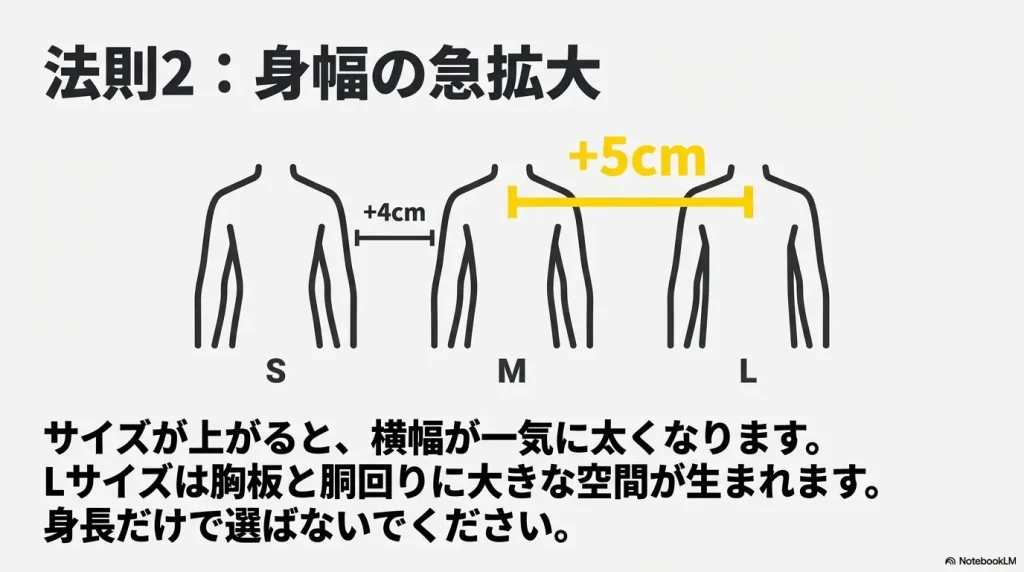  SサイズからMサイズで+4cm、MサイズからLサイズで+5cmと、サイズが上がると身幅が急激に太くなることを示す図 