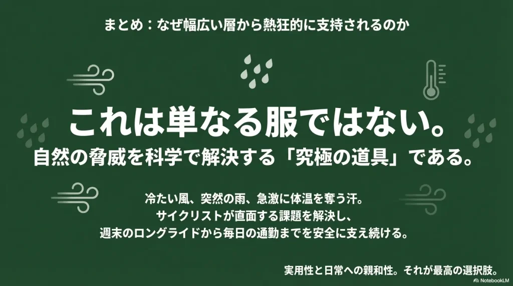 単なる服ではなく、冷たい風や突然の雨など自然の脅威を科学で解決する究極の道具であるというまとめスライド