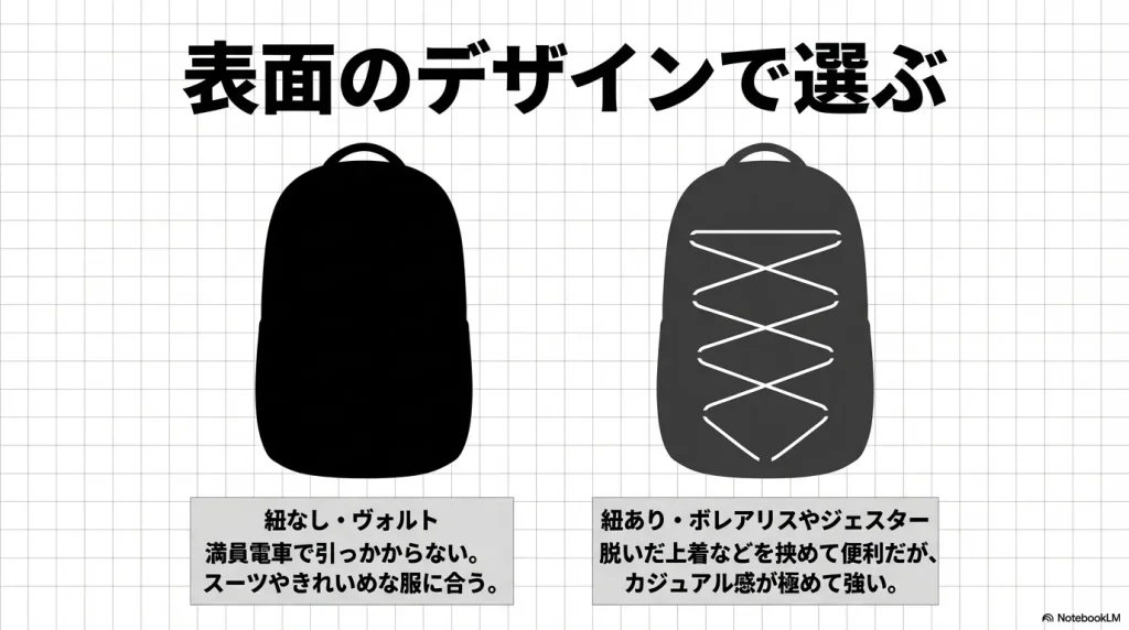 紐がないVAULTと、前面に紐があるボレアリスやジェスターの表面デザインの比較