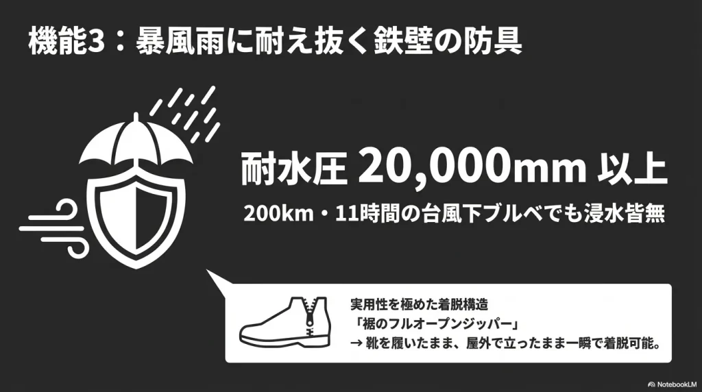 耐水圧20,000mm以上で浸水を防ぐ機能と、靴を履いたまま一瞬で着脱可能な裾のフルオープンジッパーの解説図