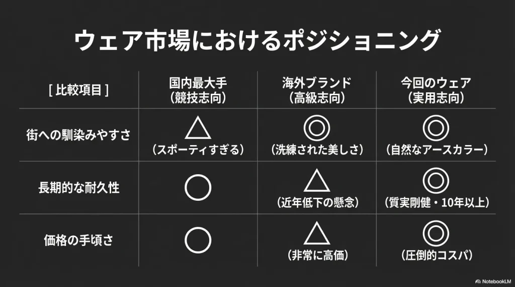 国内最大手、海外ブランド、そして今回のウェア(モンベル)の「街への馴染みやすさ」「長期的な耐久性」「価格の手頃さ」を比較した表