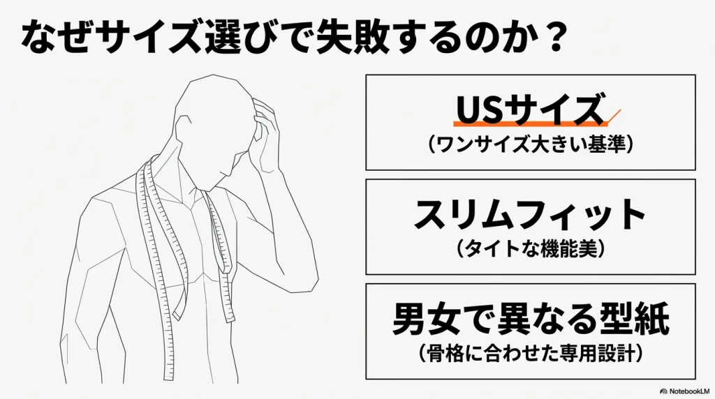 USサイズ、スリムフィット、男女の型紙の違いという、サイズ選びに失敗する3つの主な理由のまとめ 