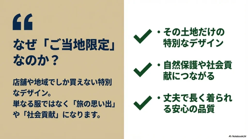 ご当地限定の理由として、店舗・地域限定のデザイン、旅の思い出や社会貢献への繋がり、丈夫な品質の3点を挙げた解説画像。