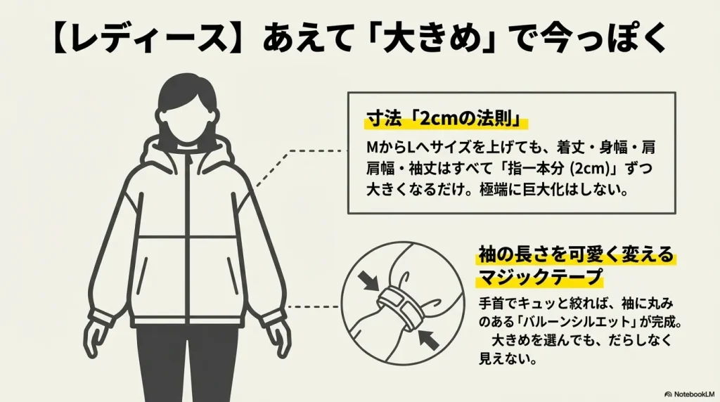 レディースのサイズアップ時の2cmの法則とマジックテープを活用したバルーンシルエットの作り方