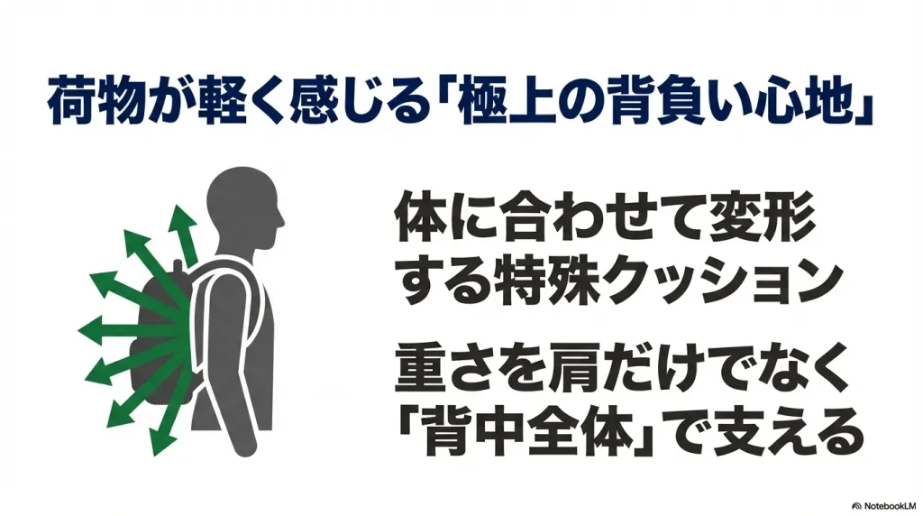 体に合わせて変形する特殊クッションにより、重さを肩だけでなく背中全体で支え、荷物が軽く感じる極上の背負い心地の仕組み