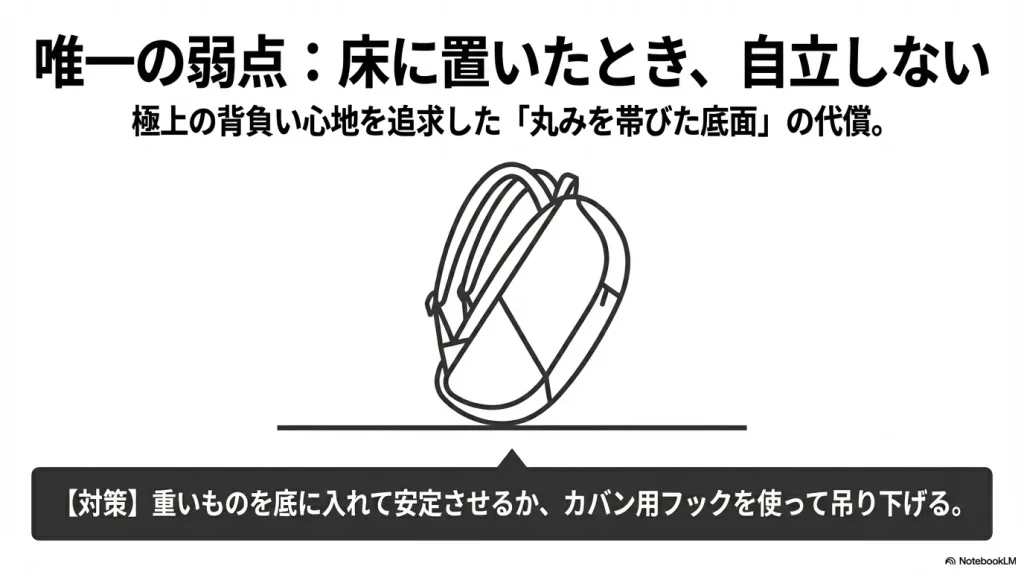 ビッグショット唯一の弱点:床に置いたとき自立しない。極上の背負い心地を追求した丸みを帯びた底面の代償と、その対策方法