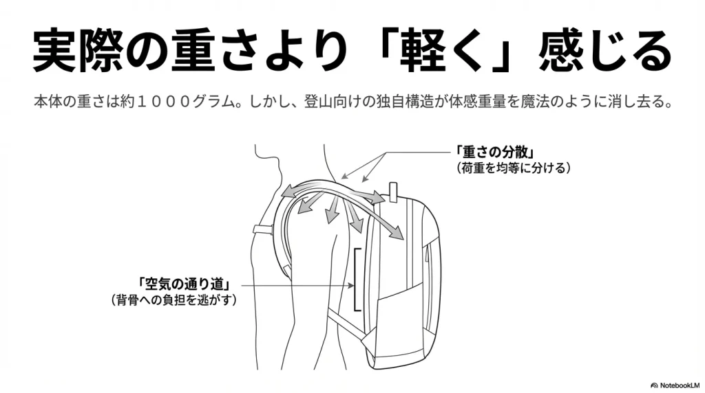 実際の重さより軽く感じる登山向けの独自構造。重さを分散し、空気の通り道を作ることで背骨への負担を逃がす設計