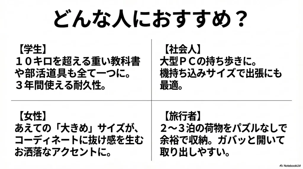 どんな人におすすめ?学生・社会人・女性・旅行者ごとのビッグショット活用メリットまとめ一覧表