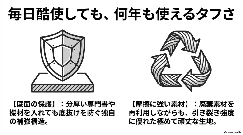 毎日酷使しても何年も使えるタフさ。底抜けを防ぐ独自の補強構造と、廃棄素材を再利用した摩擦に強い頑丈な生地