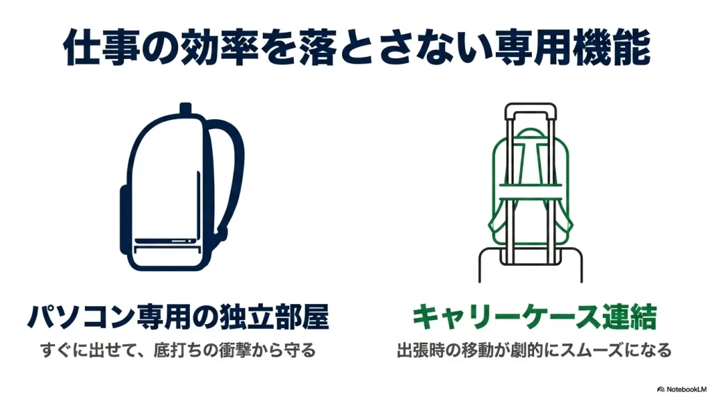 仕事の効率を落とさない専用機能として、底打ちの衝撃から守るパソコン専用の独立部屋と出張時の移動がスムーズになるキャリーケース連結のイラスト