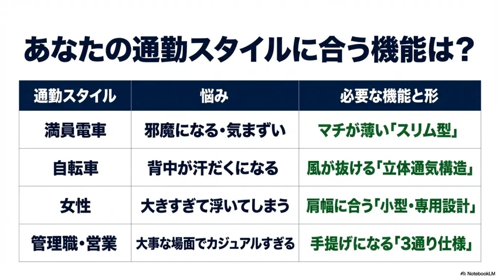 満員電車、自転車、女性、管理職・営業など、あなたの通勤スタイルの悩みとそれに合う必要な機能と形をまとめた表