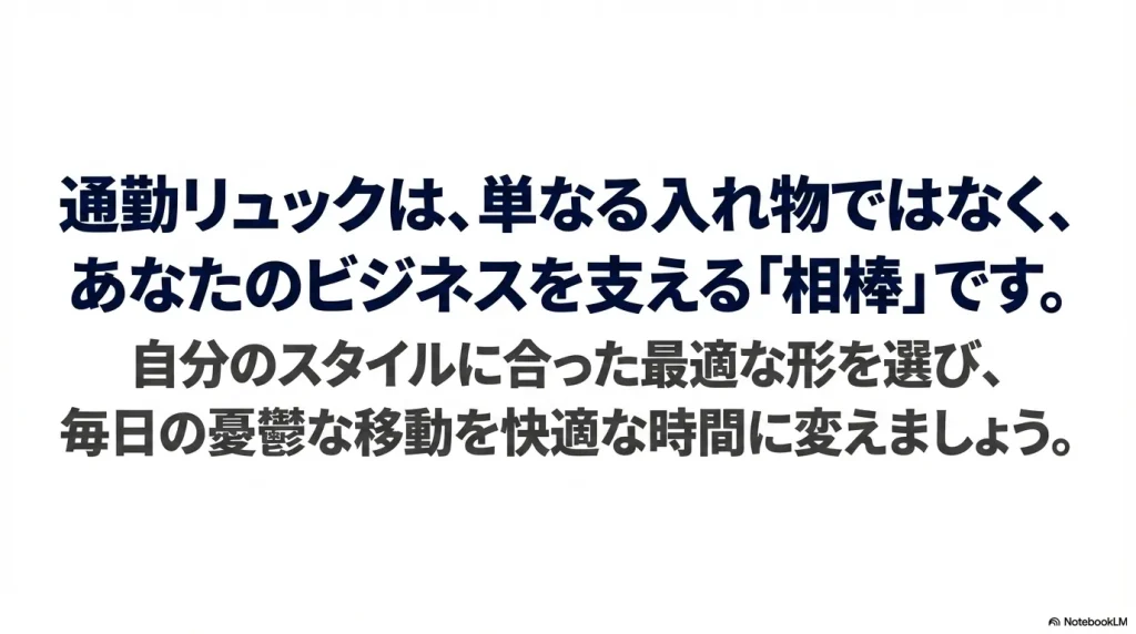 通勤リュックは単なる入れ物ではなくあなたのビジネスを支える相棒であり、最適な形を選んで憂鬱な移動を快適な時間に変えましょうというメッセージ