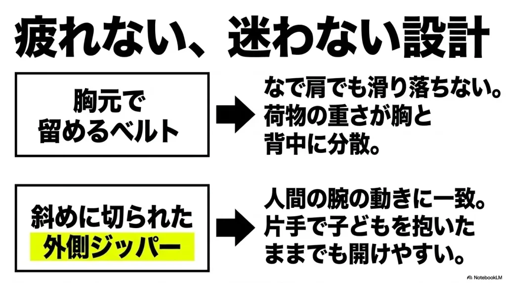 ファインデイV2の疲れない・迷わない設計として、胸元で留めるチェストベルトと斜めに切られた外側ジッパーの特徴を説明するスライド。