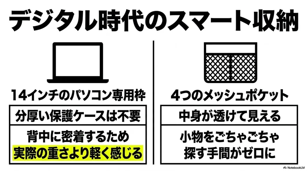 ファインデイV2に搭載された14インチパソコン専用枠と4つのメッシュポケットによるスマート収納のメリットを解説するスライド。