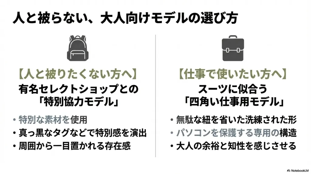 人と被りたくない方向けの特別協力モデルと、仕事で使いたい方向けの四角い仕事用モデルの特徴