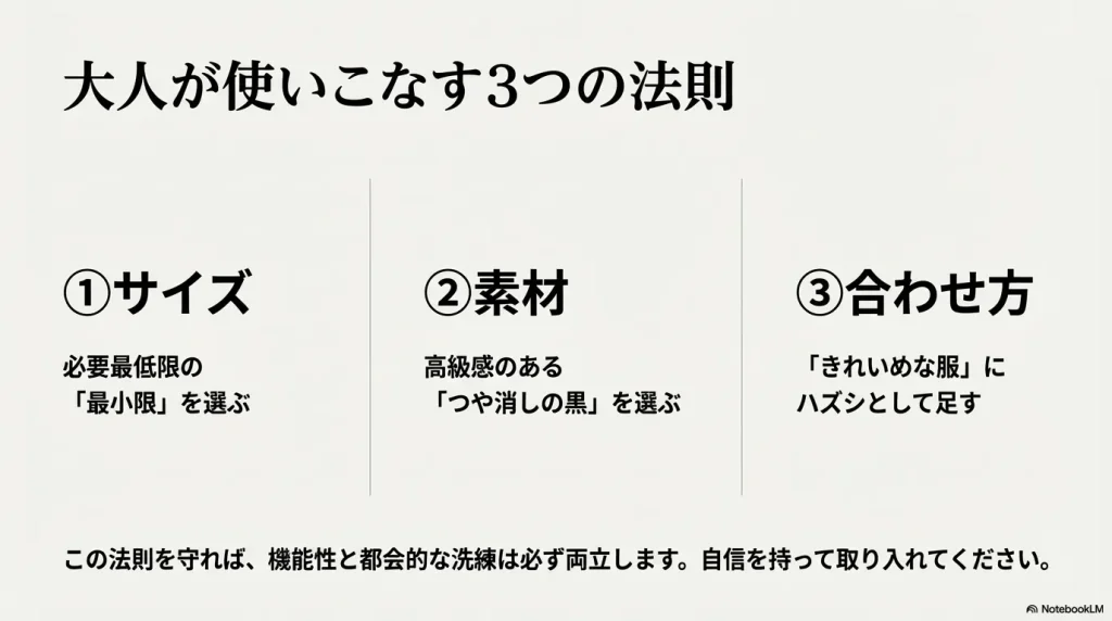 大人が使いこなす3つの法則は最小限のサイズ、つや消しの黒の素材、きれいめな服に合わせること