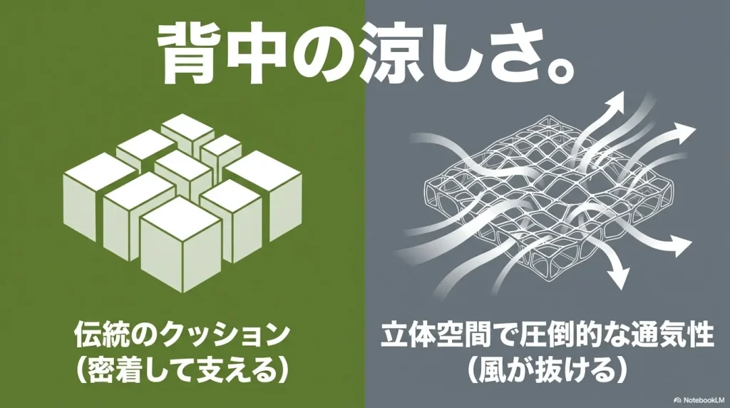 レトナの「伝統のクッション (密着して支える)」とルーヌの「立体空間で圧倒的な通気性 (風が抜ける)」の比較 。「背中の涼しさ。」というキャッチコピー 。