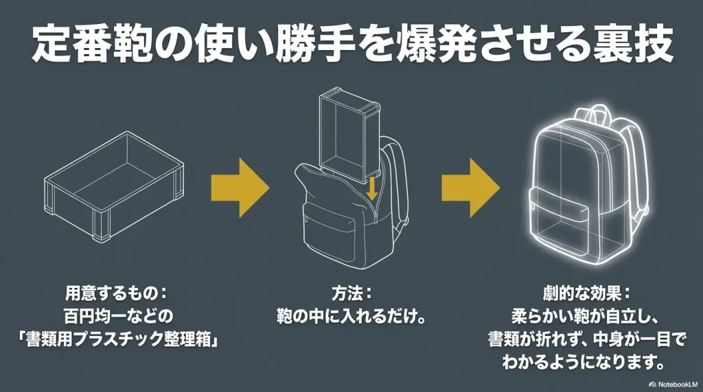 100円均一などの書類用プラスチック整理箱を鞄の中に入れることで、リュックを自立させ書類を保護する裏技のイラスト