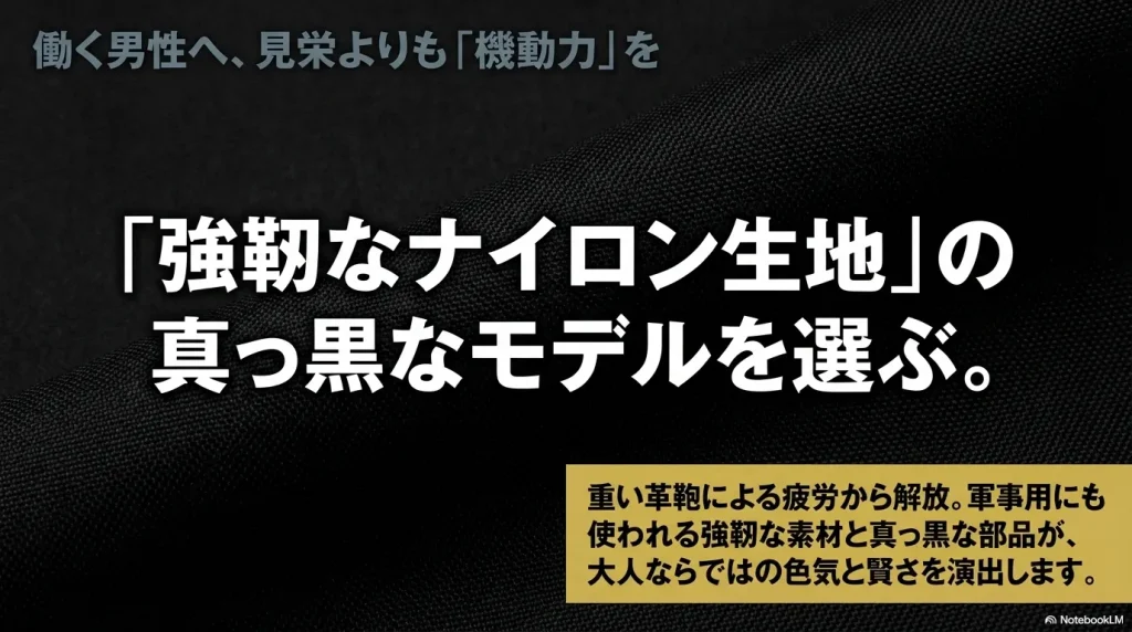 見栄よりも機動力を重視する働く男性へ、強靭なナイロン生地を使った真っ黒なモデルのグレゴリーを推奨するスライド
