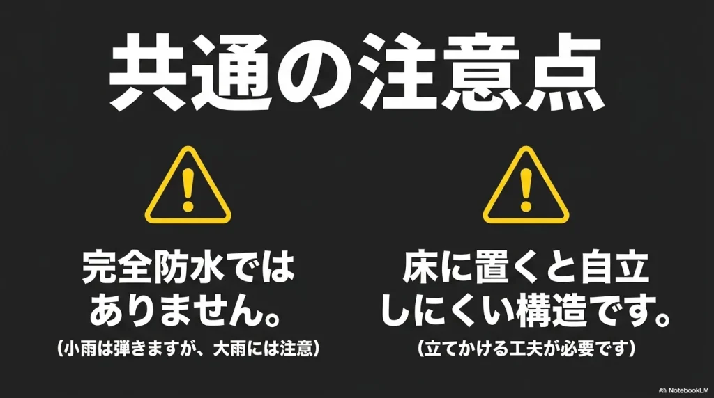 レトナとルーヌの「共通の注意点」。「完全防水ではありません。」「床に置くと自立しにくい構造です。」というアラート 。