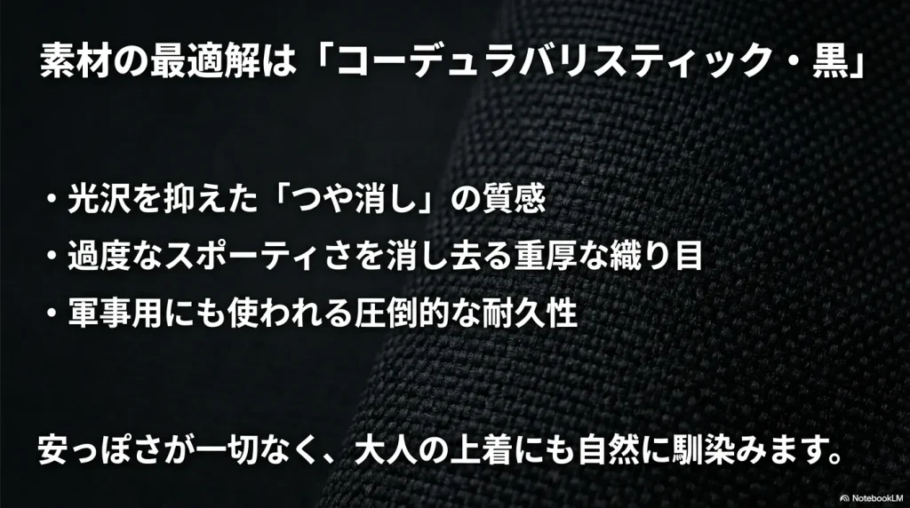 素材の最適解はつや消しの質感と重厚な織り目で圧倒的な耐久性を持つコーデュラバリスティックの黒